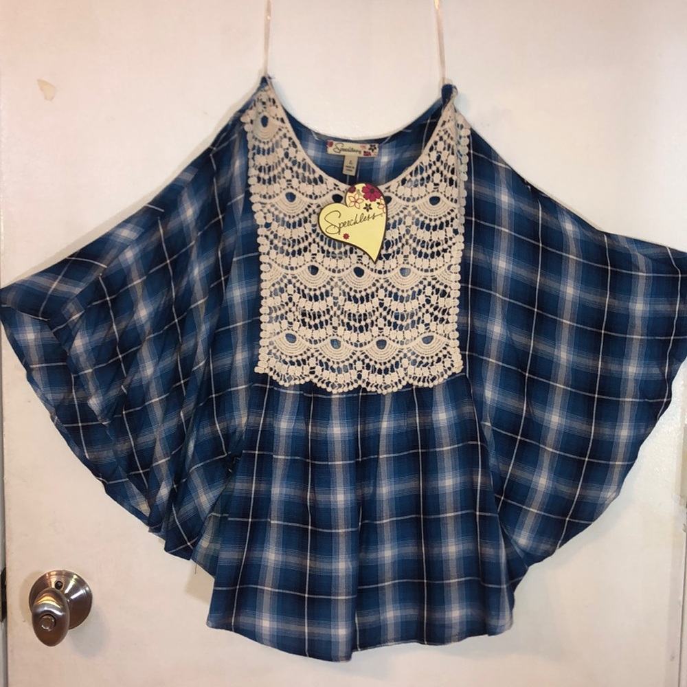 GIRLS Speechless Plaid and Lace Flared Blouse